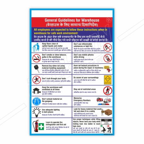 General Guideline For Warehouse In English & Hindi , Warehouse Safety Posters| Protector FireSafety